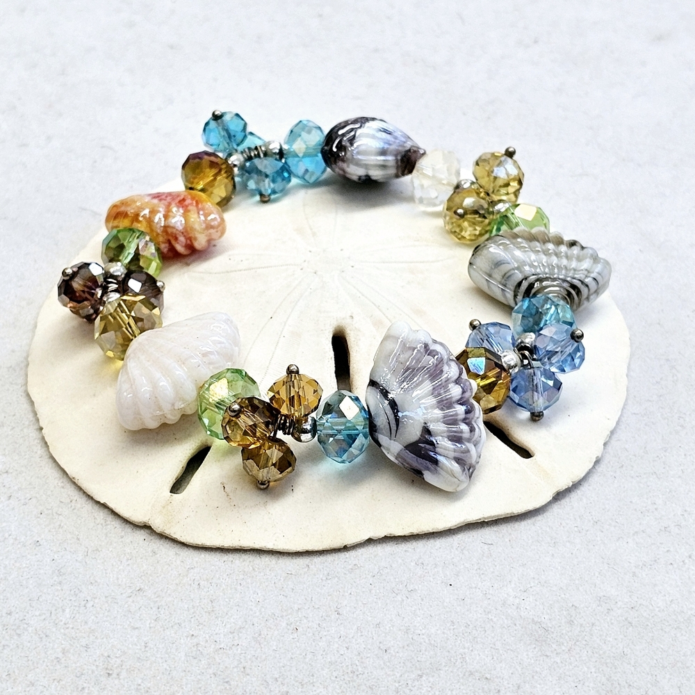 Glass Bead Seashell Bracelet Stretchy